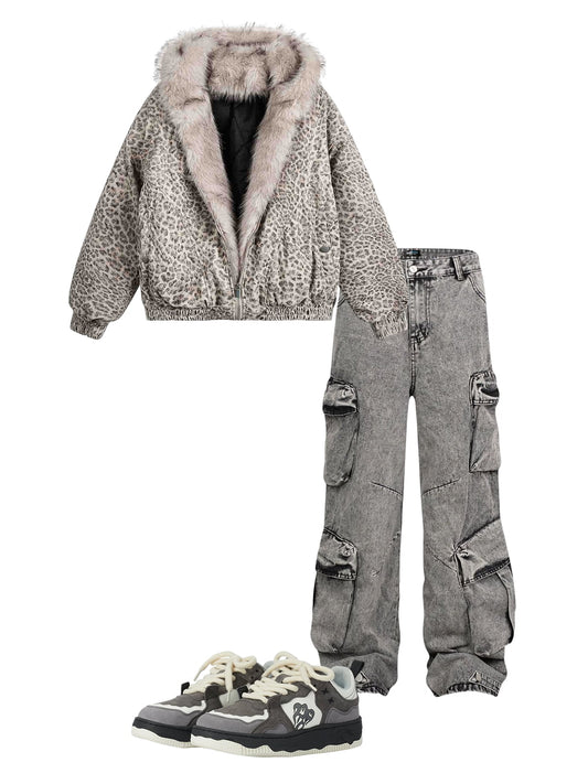 Cheetah Print Mink Fur Hooded Jacket - 2270