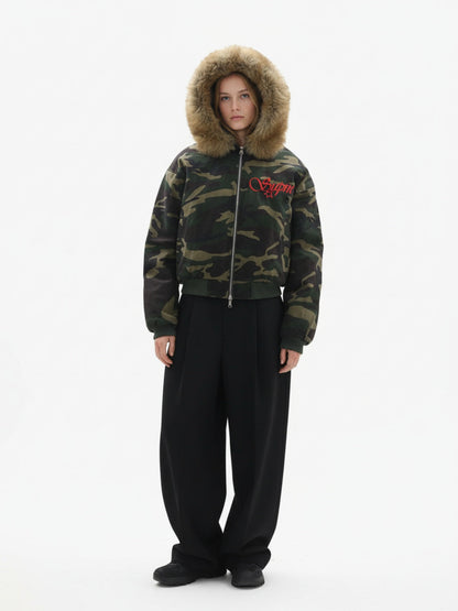 Embroidered Detachable Fur Hooded Jacket 