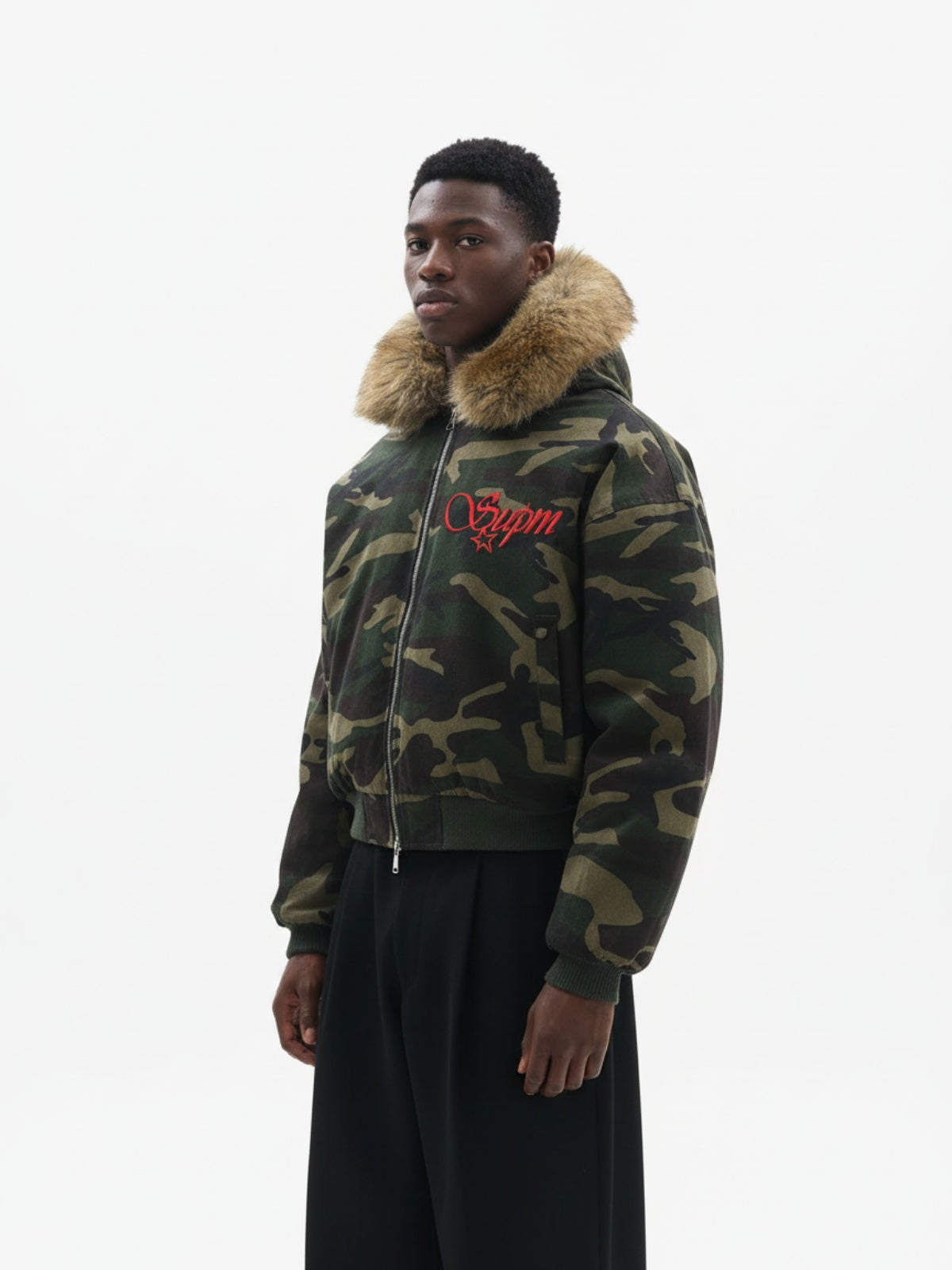 Embroidered Detachable Fur Hooded Jacket 