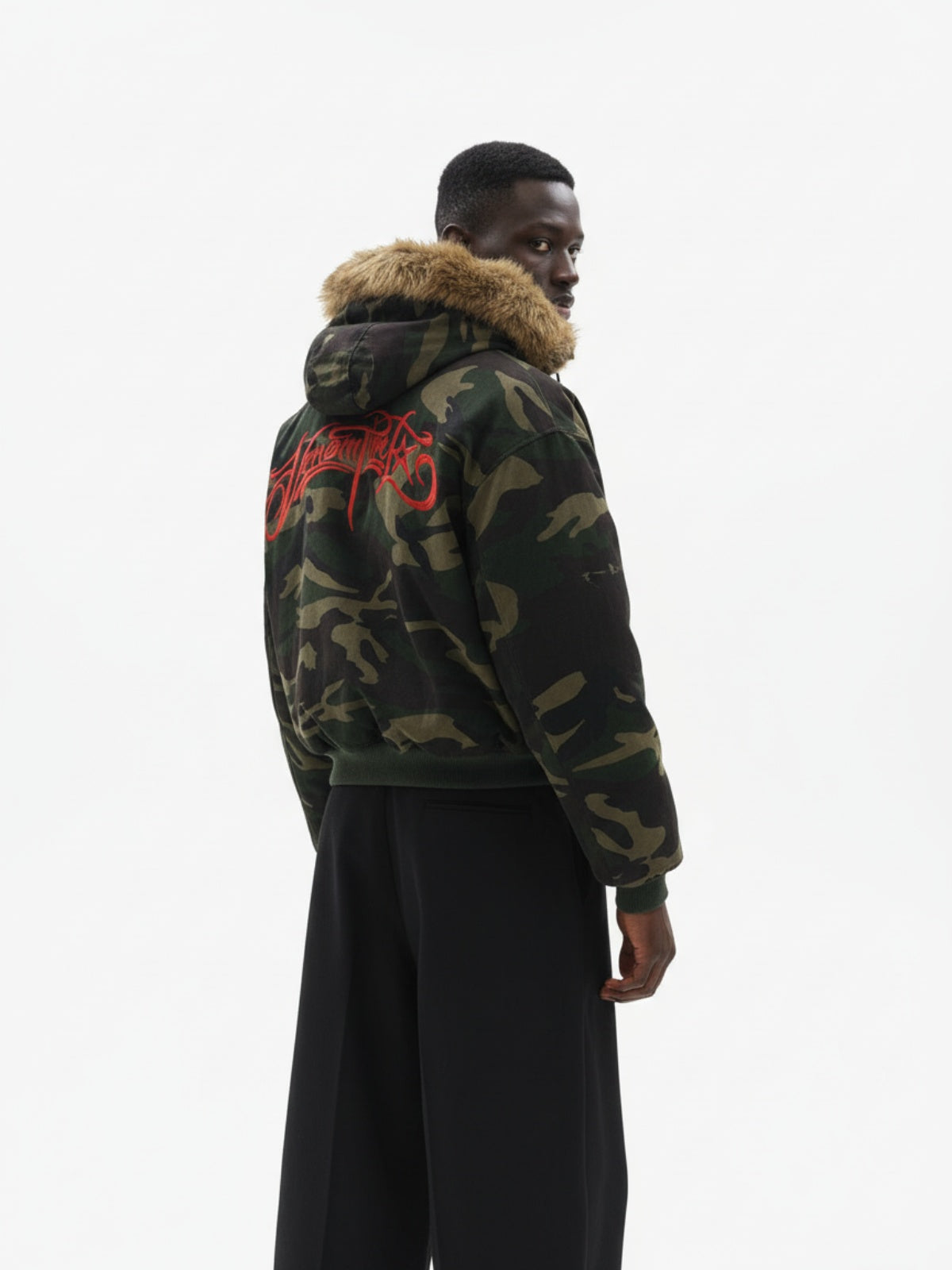 Embroidered Detachable Fur Hooded Jacket 