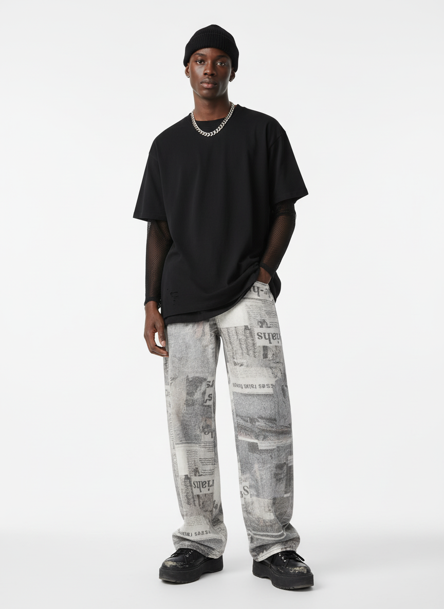 Graffiti Newspaper Baggy Jeans - 2404; Grey / M, Grey / L, Grey / XL, Grey / 2XL, Grey / 3XL