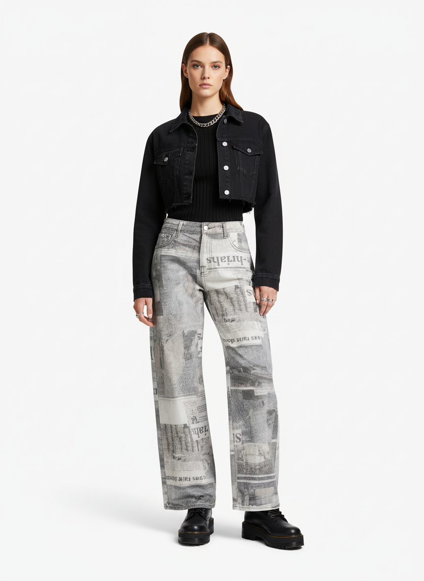Graffiti Newspaper Baggy Jeans - 2404 