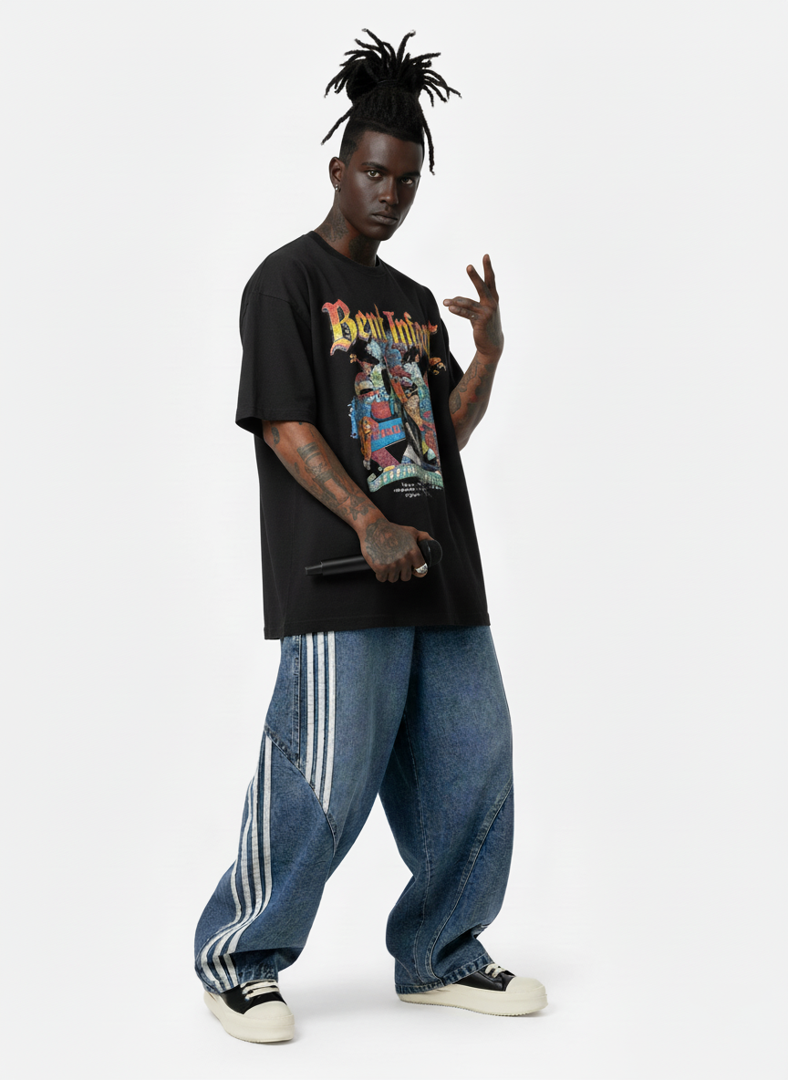 Denim Contrast Striped Stitching Barrel Jeans 