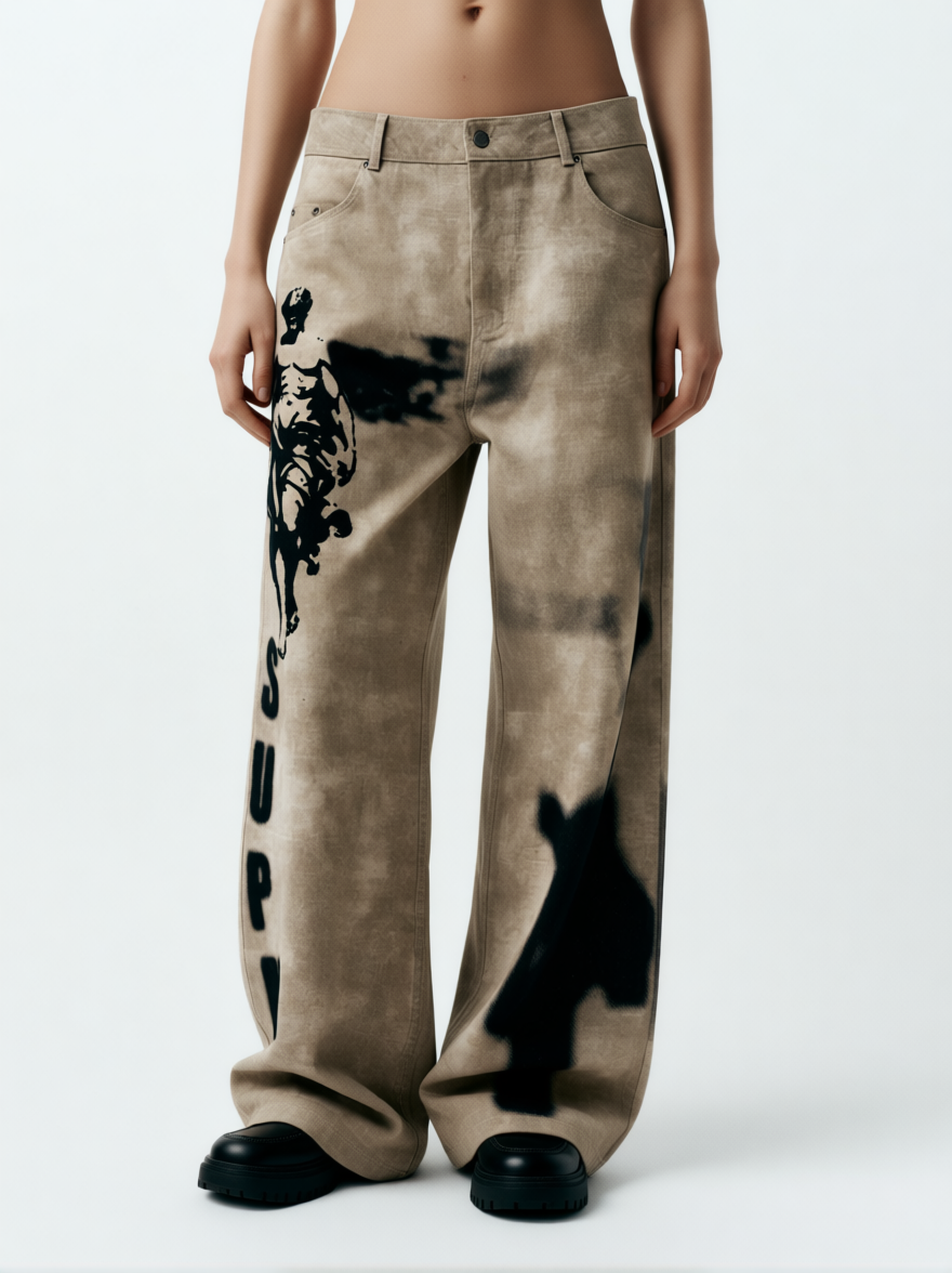 Original Large Cross Angel Print Distressed Jeans 