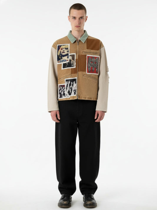 Punk Retro Collage Print Distressed Heavy Jacket 