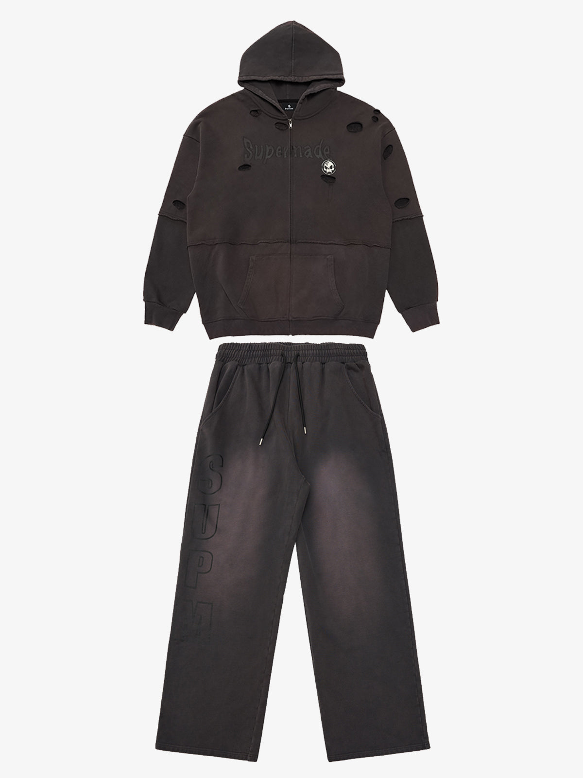 Original Washed & Ripped Skull Cardigan Cotton Hoodie Set 