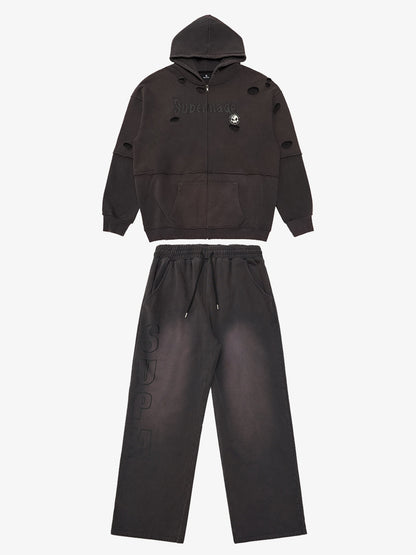 Original Washed & Ripped Skull Cardigan Cotton Hoodie Set 