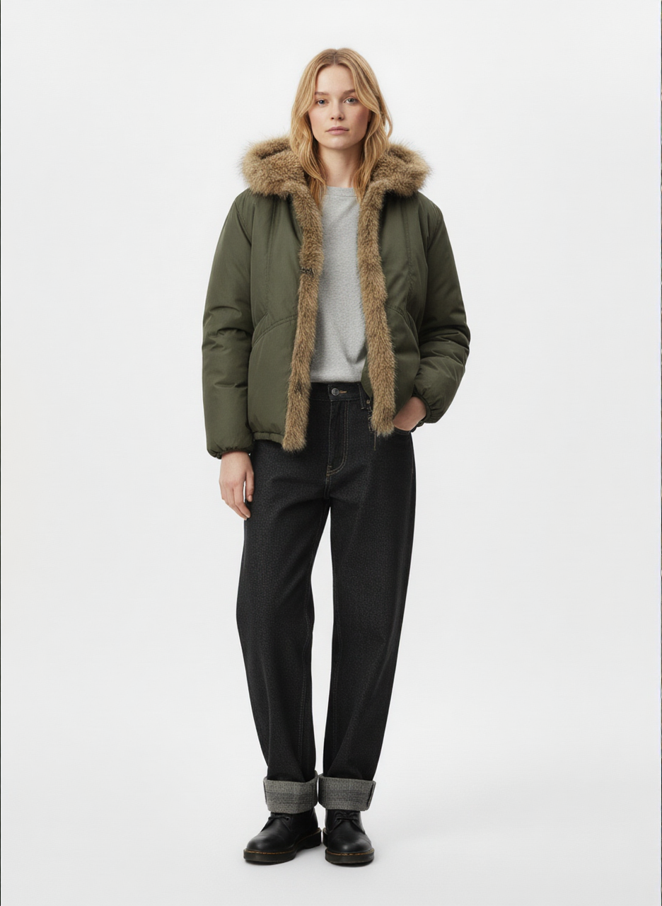 Retro Pleated Fur Hooded Padded Jacket 