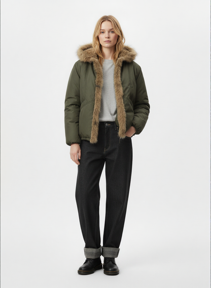 Retro Pleated Fur Hooded Padded Jacket 