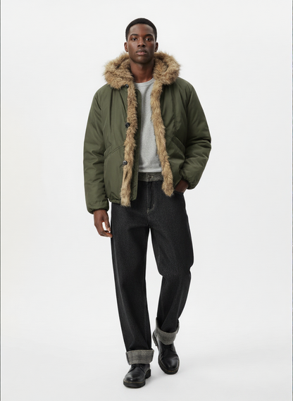 Retro Pleated Fur Hooded Padded Jacket 