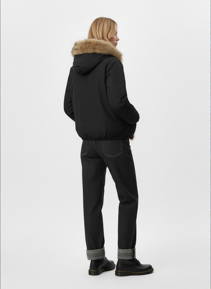 Retro Pleated Fur Hooded Padded Jacket 