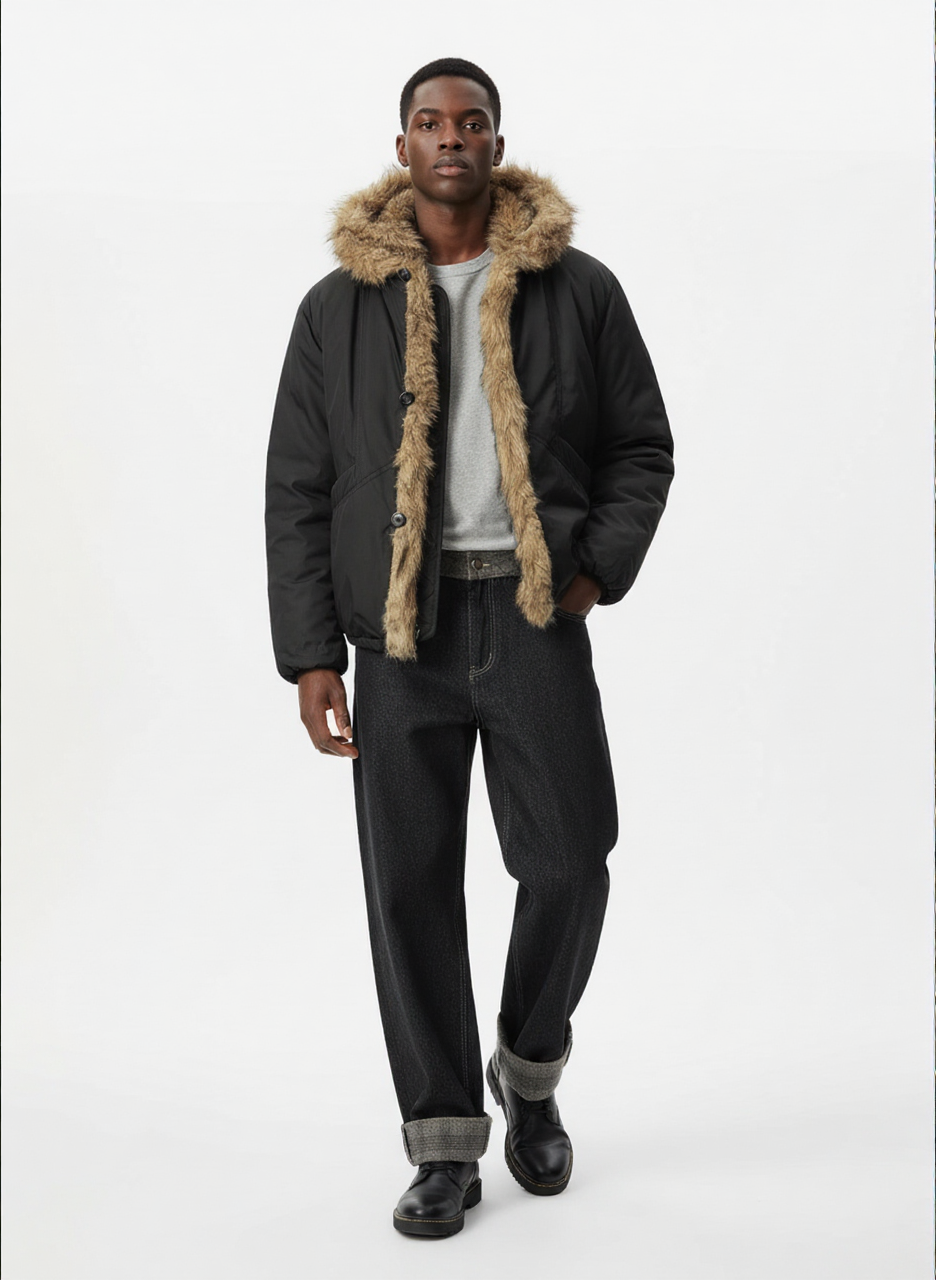 Retro Pleated Fur Hooded Padded Jacket 