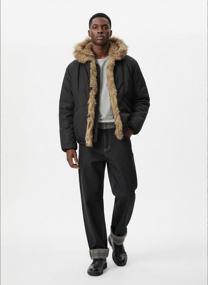 Retro Pleated Fur Hooded Padded Jacket 