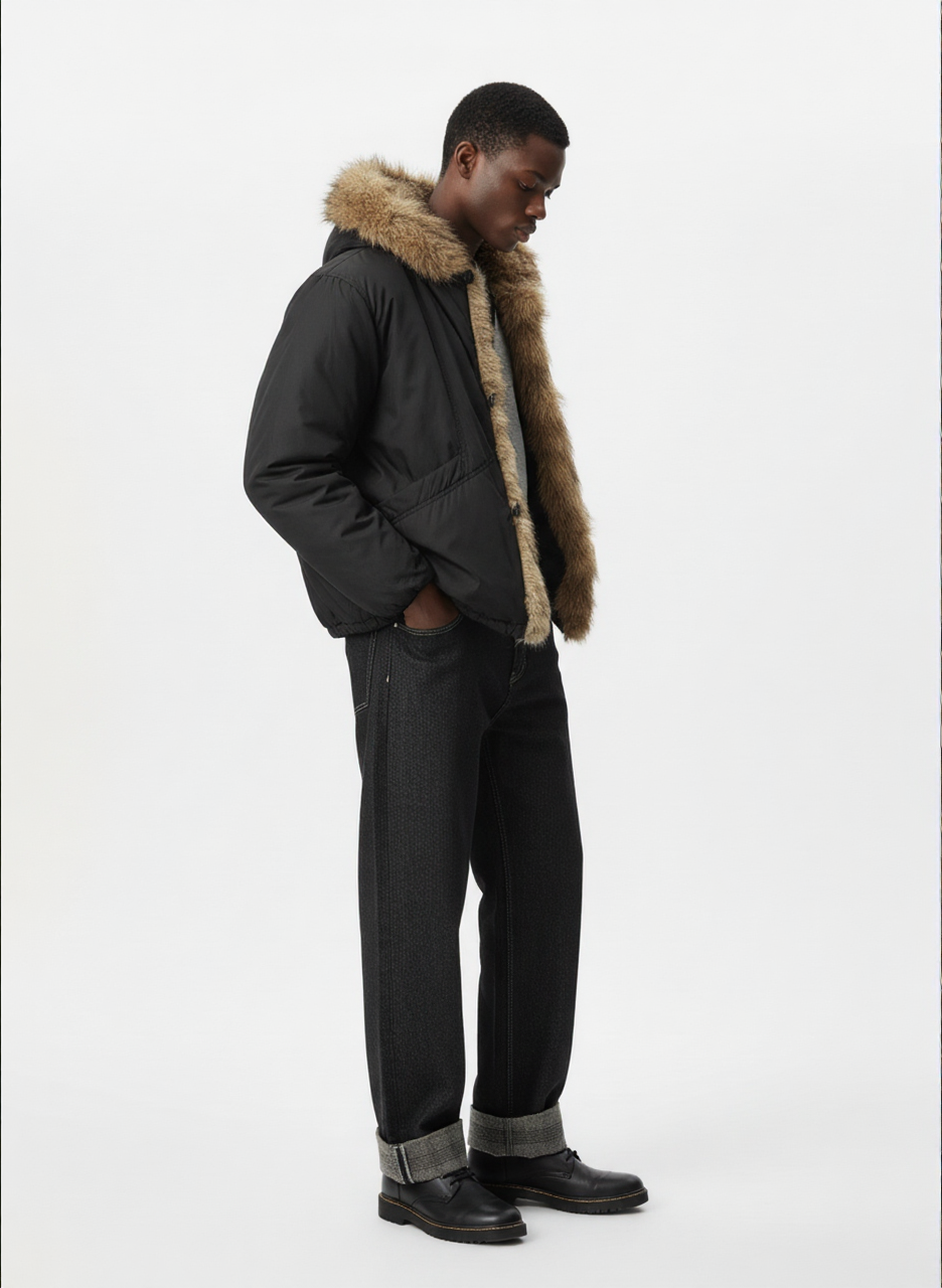 Retro Pleated Fur Hooded Padded Jacket 