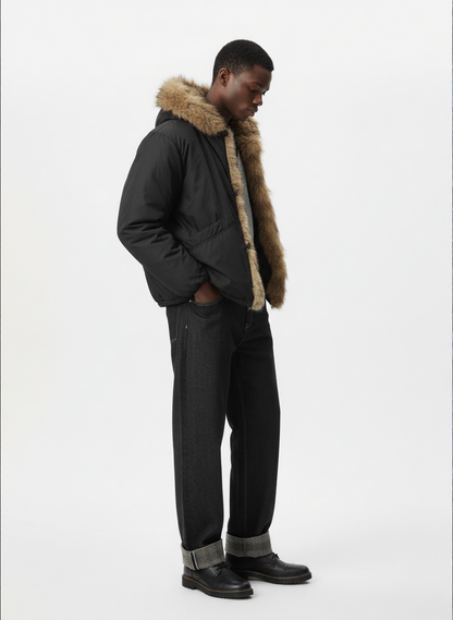 Retro Pleated Fur Hooded Padded Jacket 