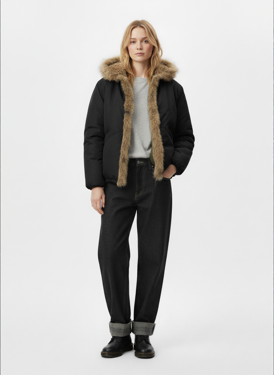 Retro Pleated Fur Hooded Padded Jacket 