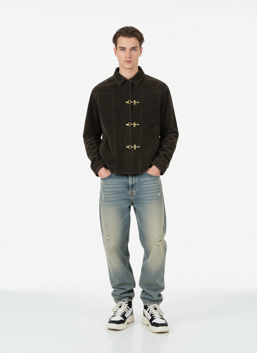 Retro Unique Metal Button Lapel Suede Bomber Jacket - 2538 