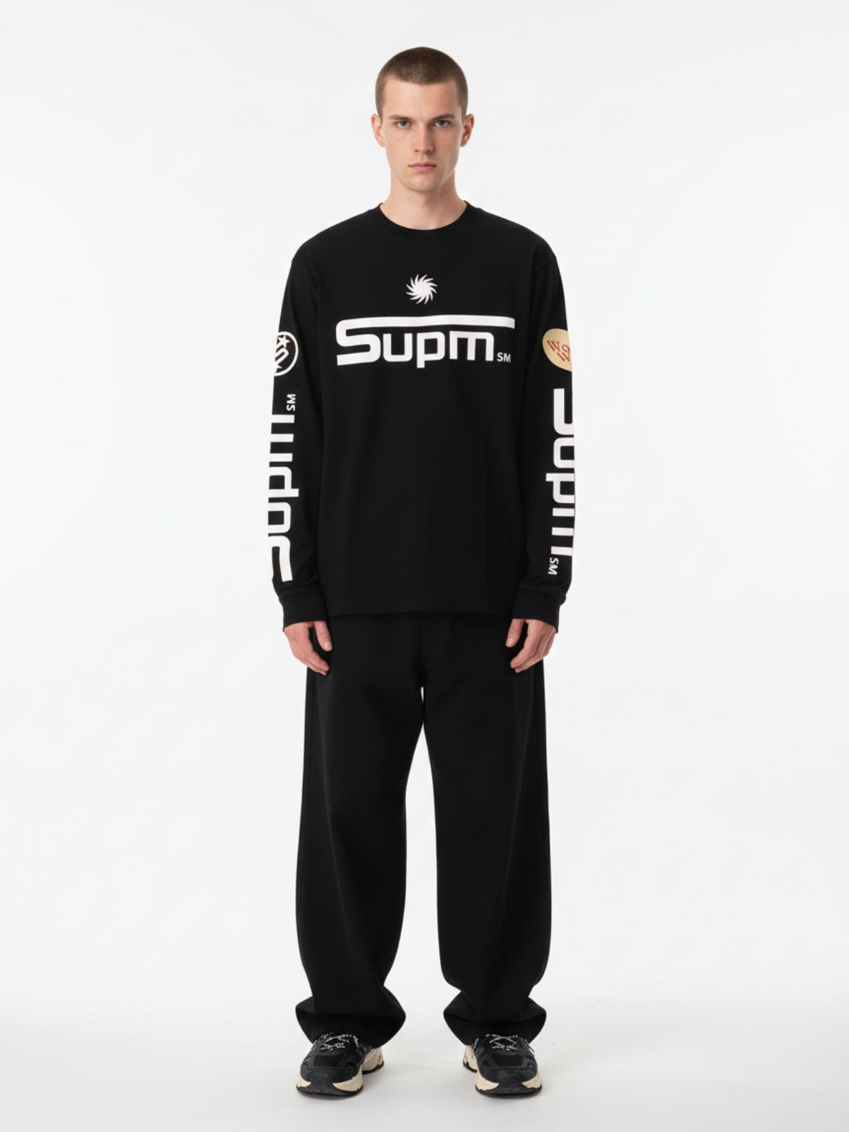 Textured Waffle SUPM Letter Graphic Long Sleeve T-Shirt - 2600 