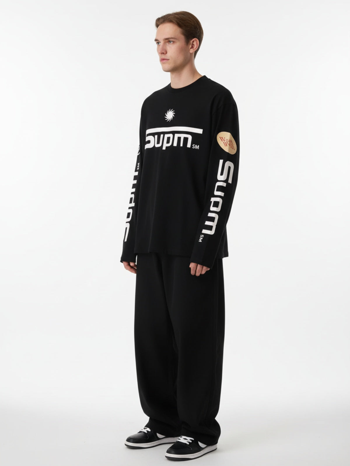 Textured Waffle SUPM Letter Graphic Long Sleeve T-Shirt - 2600 