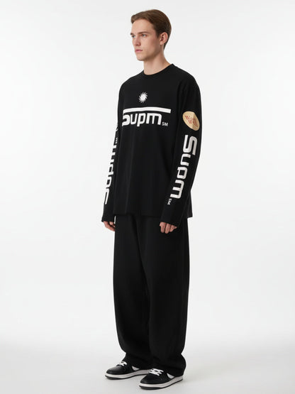 Textured Waffle SUPM Letter Graphic Long Sleeve T-Shirt 