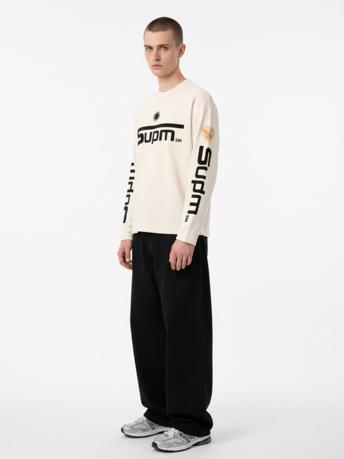 Textured Waffle SUPM Letter Graphic Long Sleeve T-Shirt - 2600 
