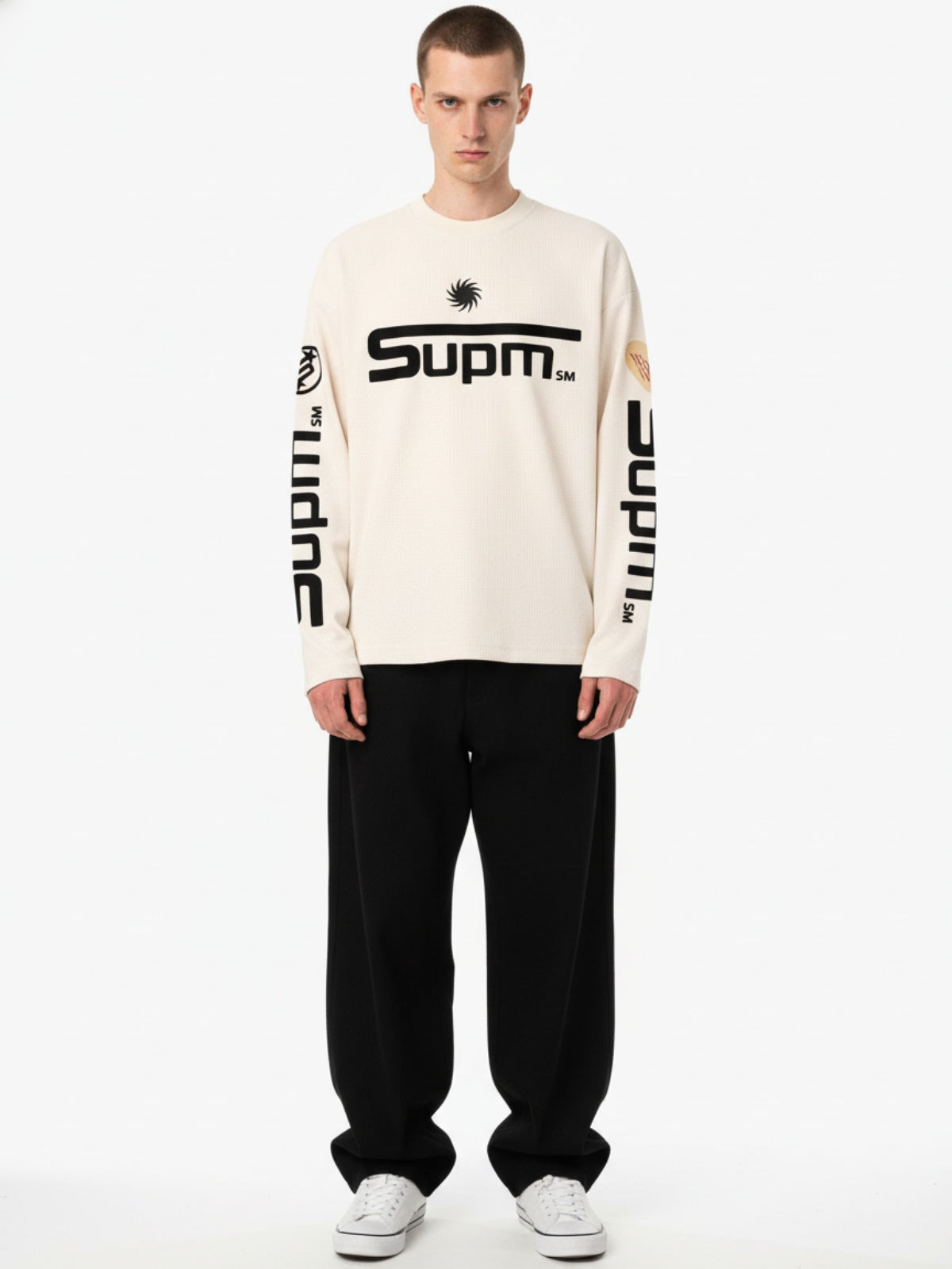 Textured Waffle SUPM Letter Graphic Long Sleeve T-Shirt - 2600 