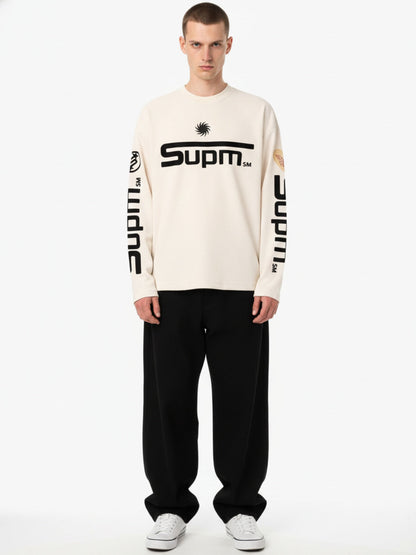 Textured Waffle SUPM Letter Graphic Long Sleeve T-Shirt 