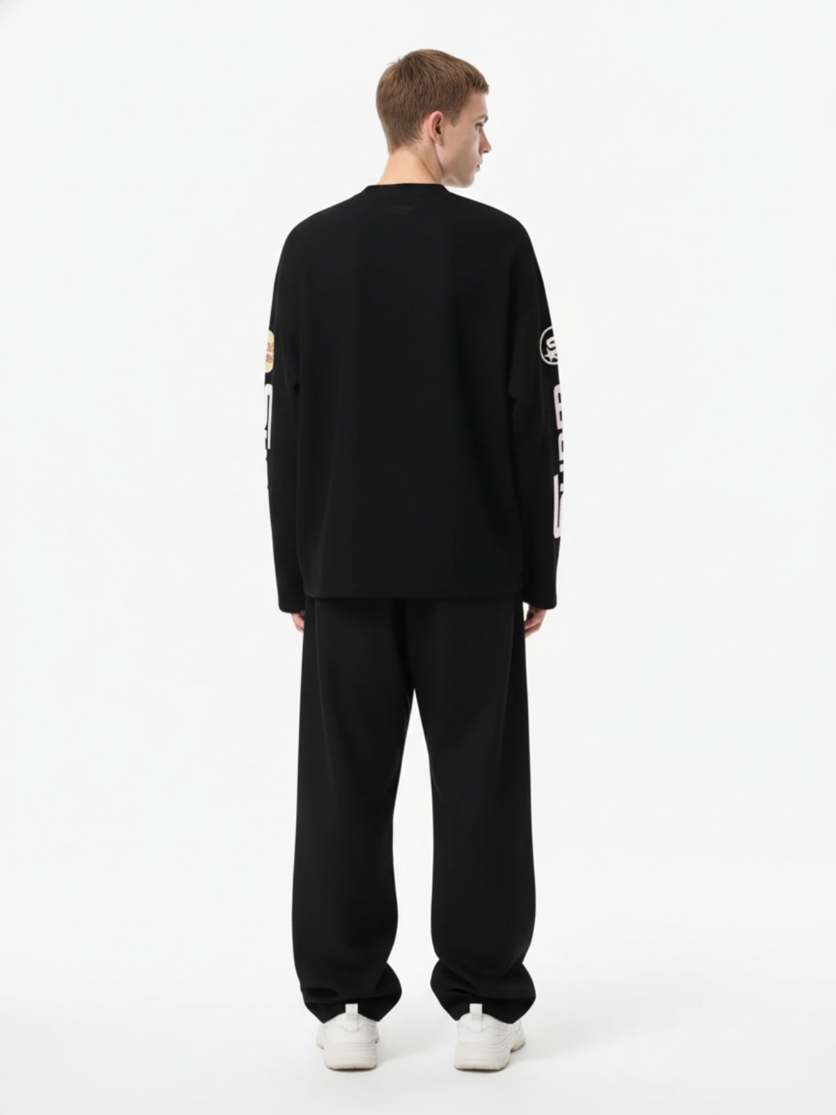 Textured Waffle SUPM Letter Graphic Long Sleeve T-Shirt - 2600 