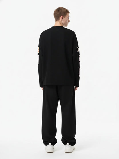 Textured Waffle SUPM Letter Graphic Long Sleeve T-Shirt 