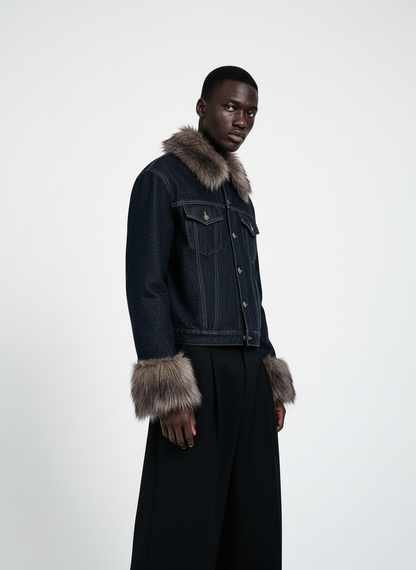 Retro Detachable Fur Collar Workwear Denim Jacket 