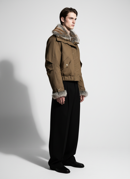 Retro Fur Collar Quilted Workwear Cotton Jacket 