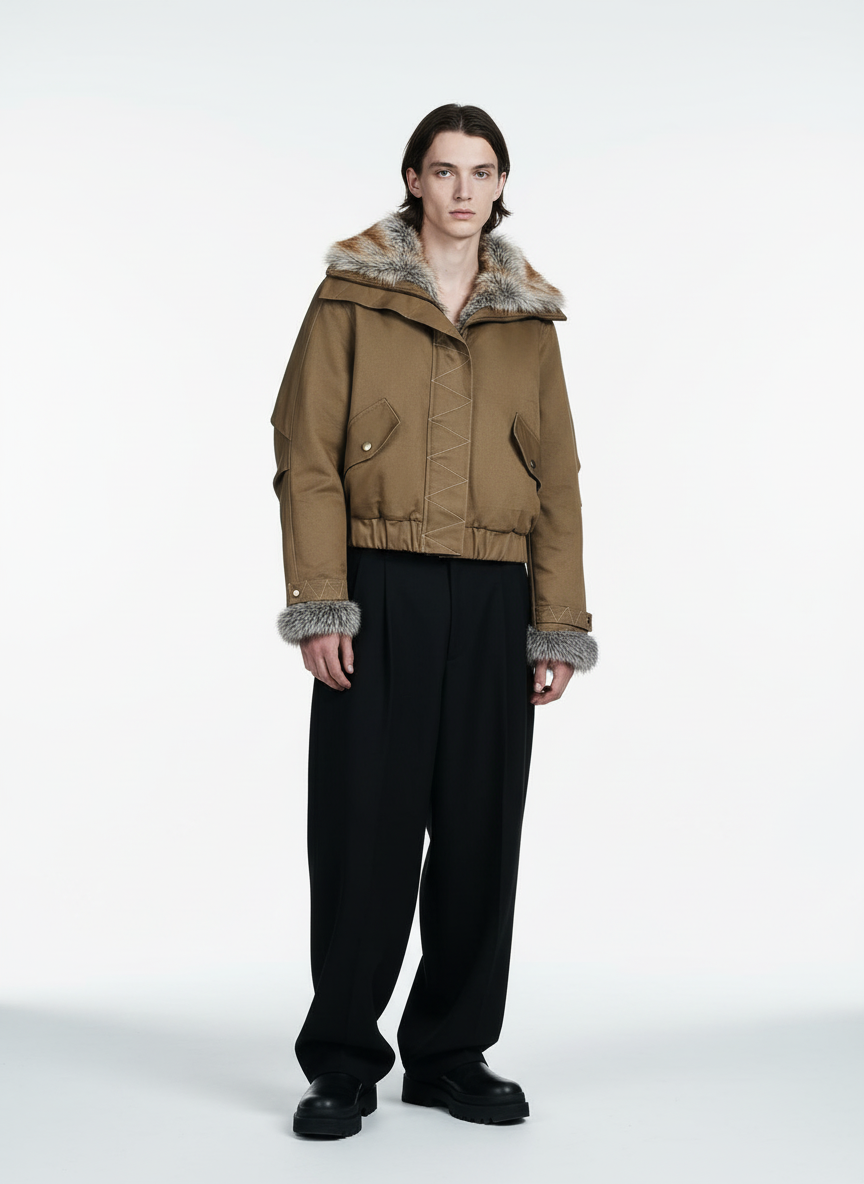 Retro Fur Collar Quilted Workwear Cotton Jacket 