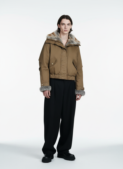 Retro Fur Collar Quilted Workwear Cotton Jacket 