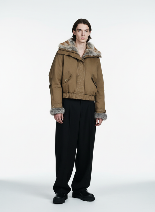 Retro Fur Collar Quilted Workwear Cotton Jacket 