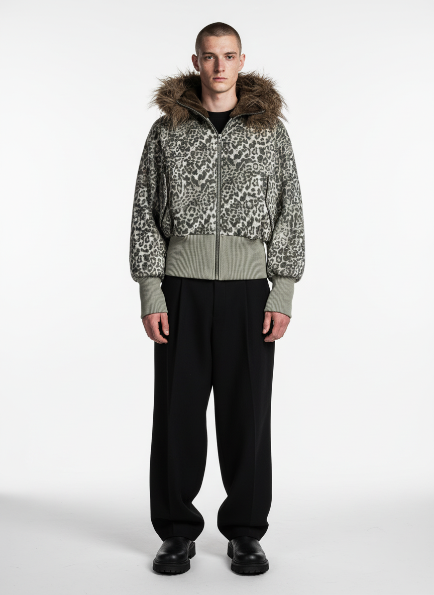 Retro Cheetah  Fur Collar Cotton Jacket 