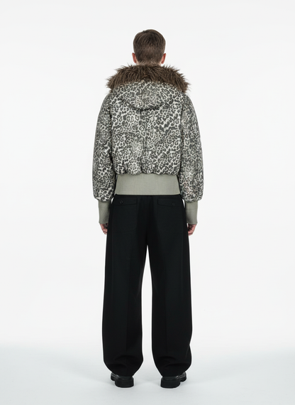 Retro Cheetah  Fur Collar Cotton Jacket 