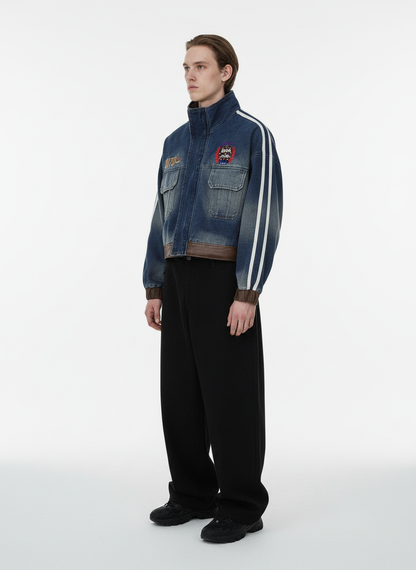 Retro Badge Embroidered Cropped Denim Jacket 