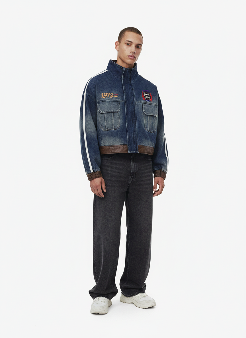 Retro Badge Embroidered Cropped Denim Jacket 