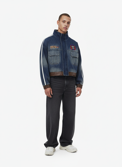 Retro Badge Embroidered Cropped Denim Jacket 
