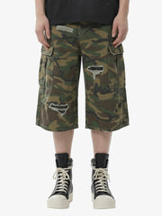 Retro Ripped Camouflage Cropped Shorts- 2387 