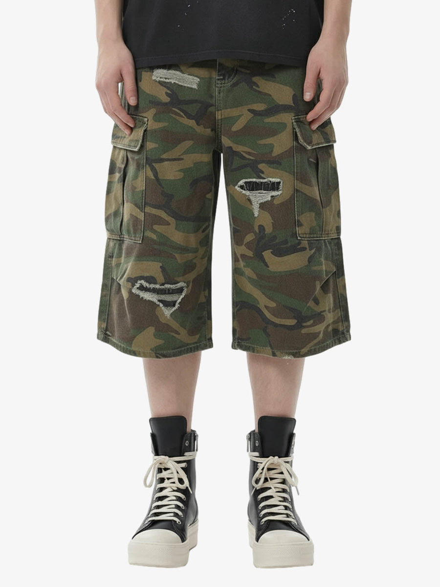 Retro Ripped Camouflage Cropped Shorts- 2387 