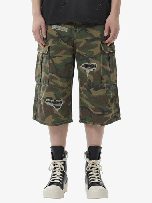 Retro Ripped Camouflage Cropped Jorts - 2387 