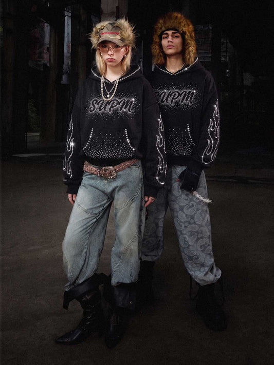 Flame Rhinestone Boxy Fit Hoodie