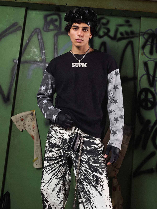 Camo Star Print Patchwork Waffle Boxy Long Sleeve Tee