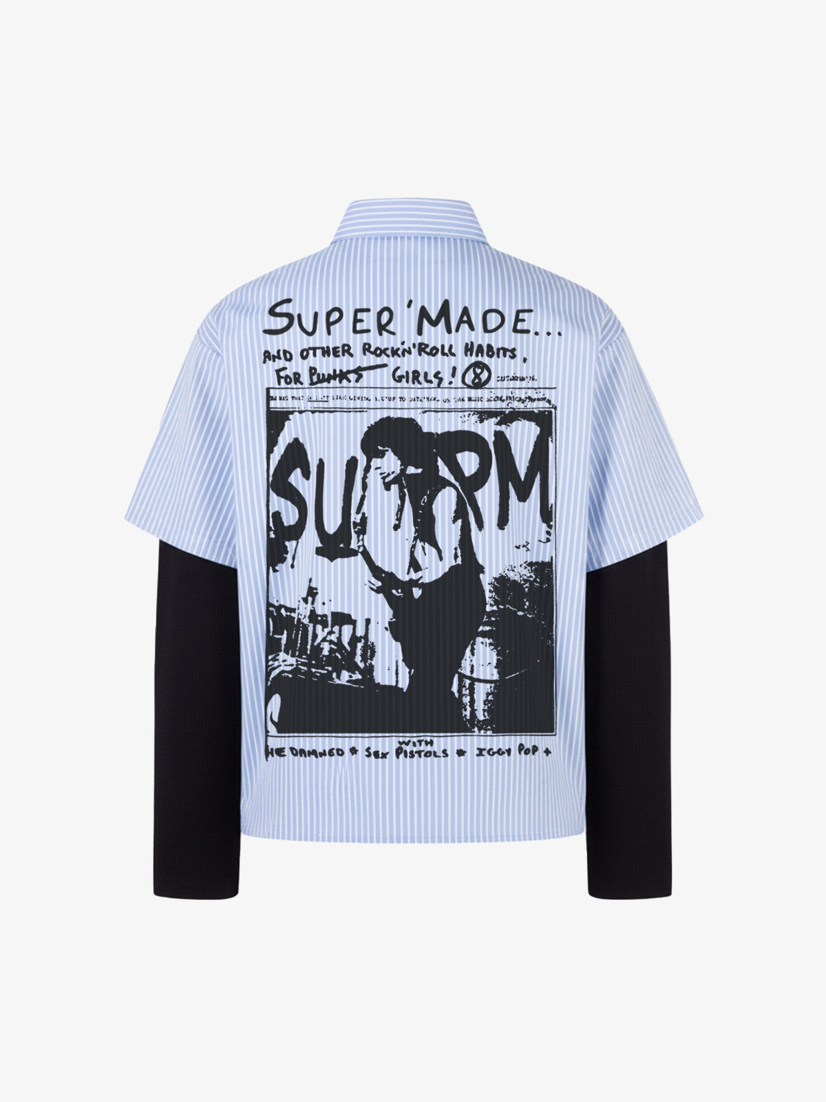 Vintage Illustration Striped Faux Two-Piece Shirt 