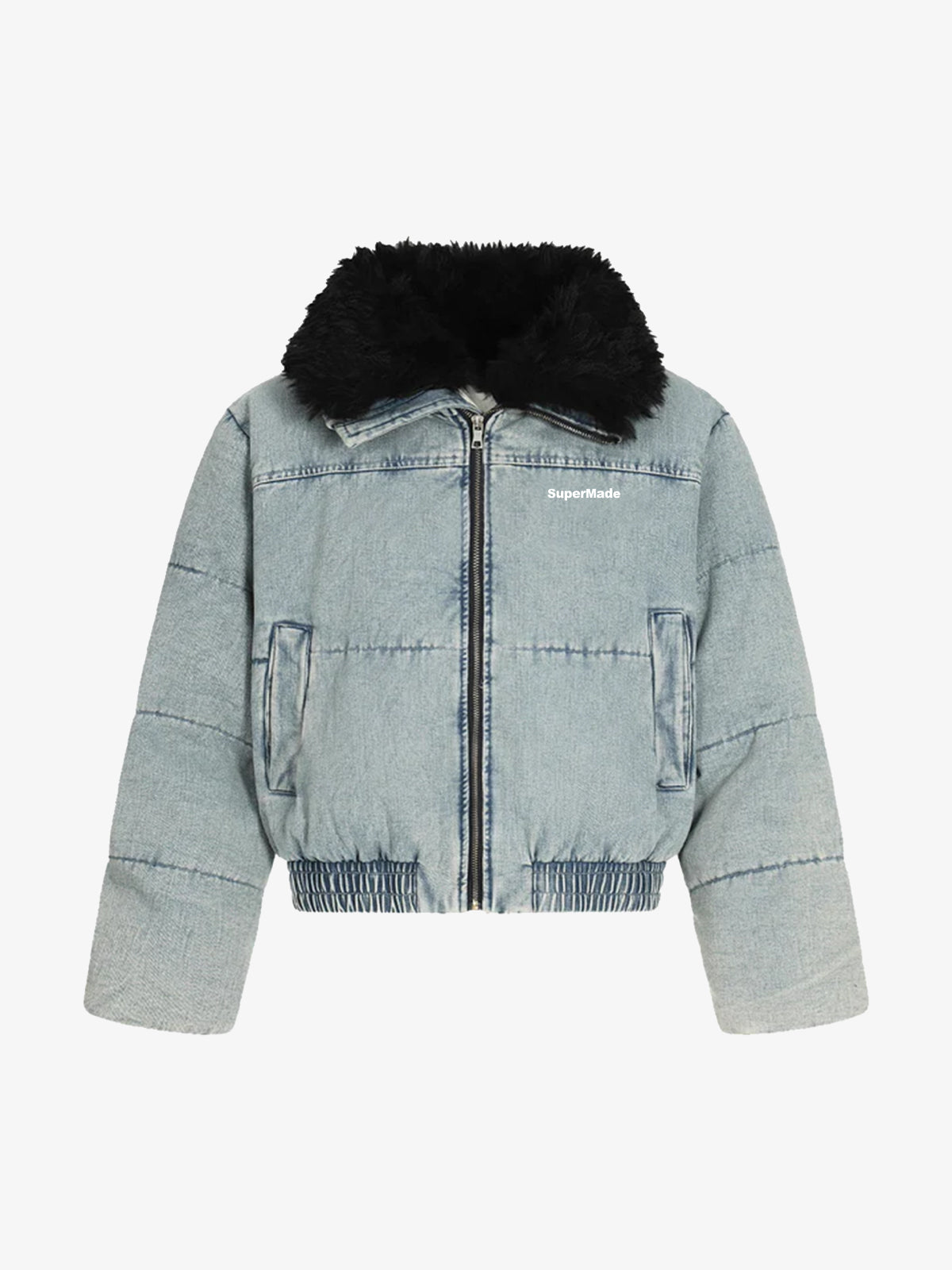 Retro Washed Denim Faux Fur Collar Quilted Jacket 