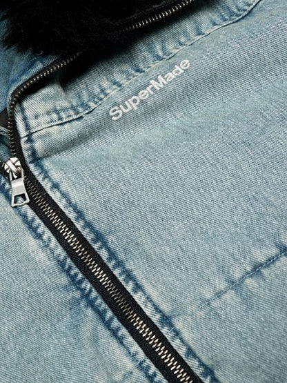 Retro Washed Denim Faux Fur Collar Quilted Jacket 