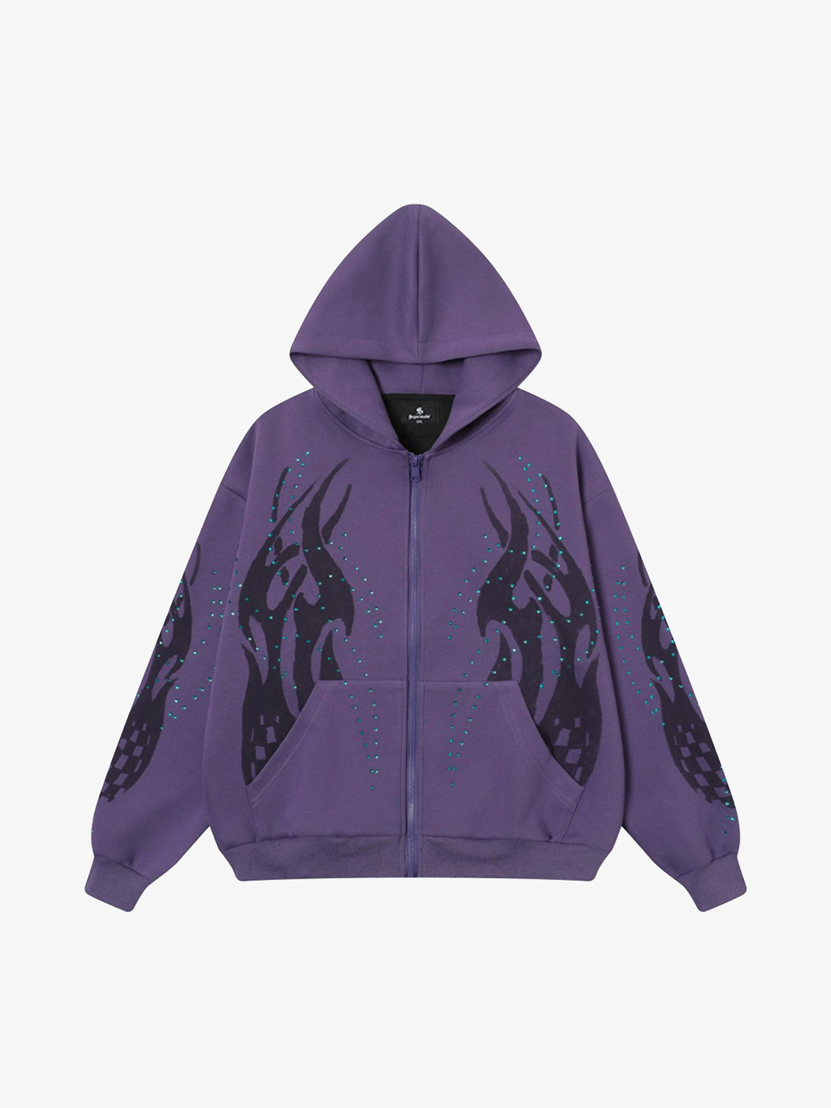 Stylish Purple Hoodie with Unique Flame Design and Rhinestone Accents 