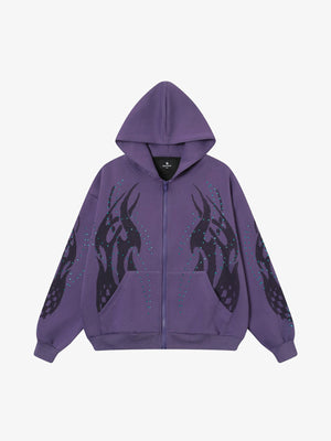 Stylish Purple Hoodie with Unique Flame Design and Rhinestone Accents 