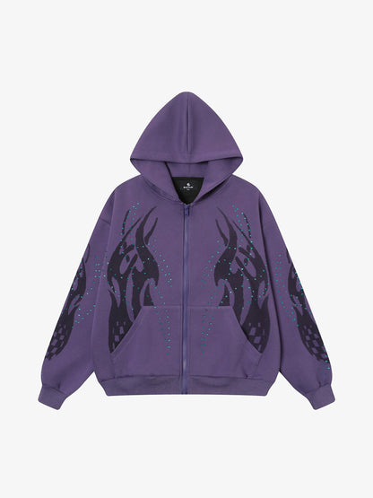 Stylish Purple Hoodie with Unique Flame Design and Rhinestone Accents 